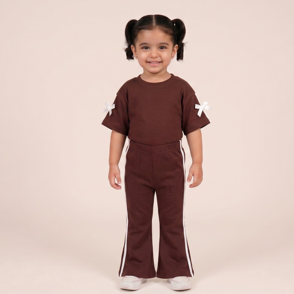 Aka Girls Bow Detail T-Shirt & Flare Trouser Set | Summer Cotton Co-ord