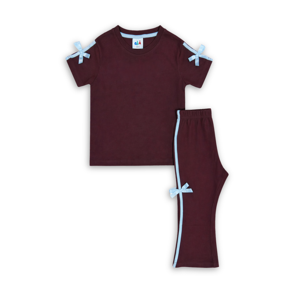 Aka Girls Bow Detail T-Shirt & Flare Trouser Set | Summer Cotton Co-ord